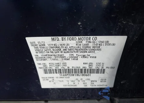 2011 Ford Taurus Se из США, поврежденный, VIN 1FAHP2DW1BG180601